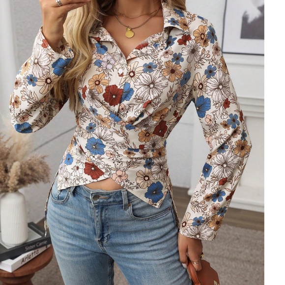 Boho Floral Print Button Tie Back Long sleeve Top - Picture 4 of 4